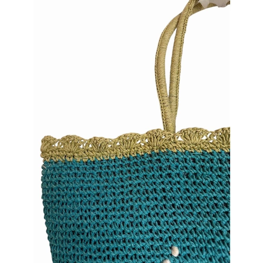 Vintage Tropical Fish Embroidered Crochet Straw Tote Bag Blue Summer Vacation - Picture 8 of 14